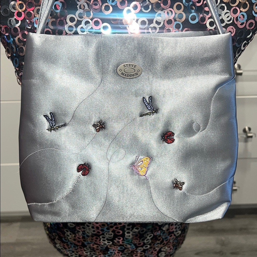 Steve Madden Vintage 2000s Silver Satin Insect Embroidered Shoulder/ Handbag. - Picture 3 of 12